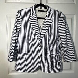 Lauren Ralph Lauren Seersucker Striped Blazer Blue White 12 Petite Like New